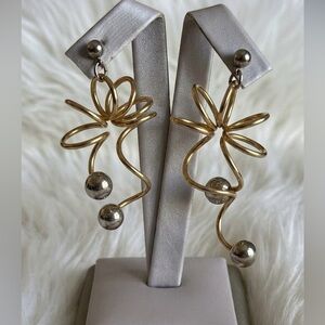 Abstract Artistic Dangle Earrings Gold Tone Silver Ball Accents